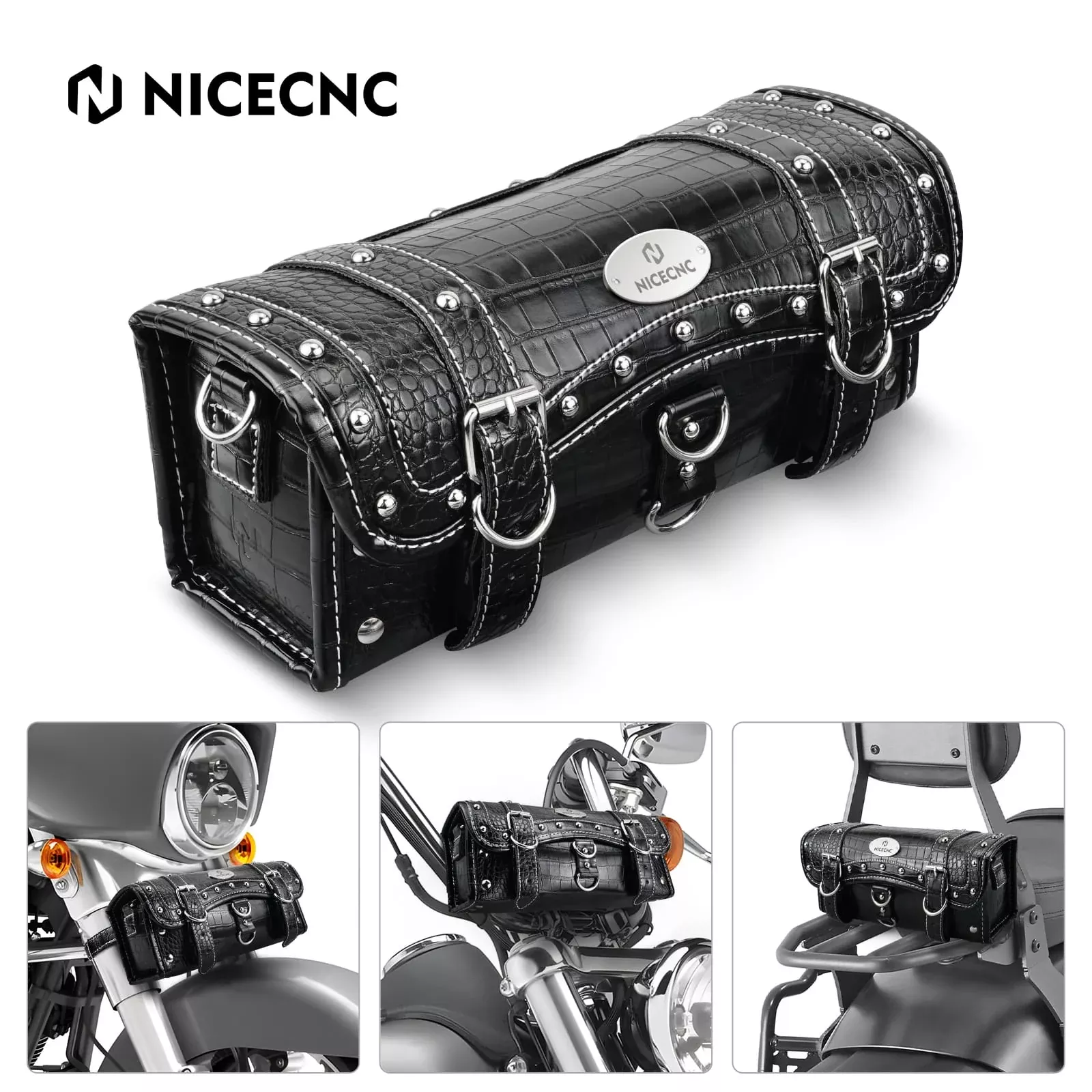 Vintage Motorcycle Handlebar Front Fork Bag Crocodile Texture PU Leather